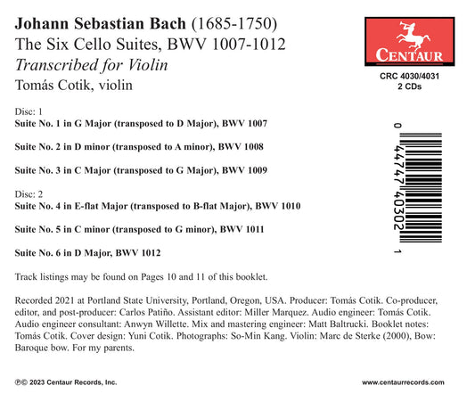 J.S. Bach: The Six Cello Suites (Arr. For Violin By Tomas Co