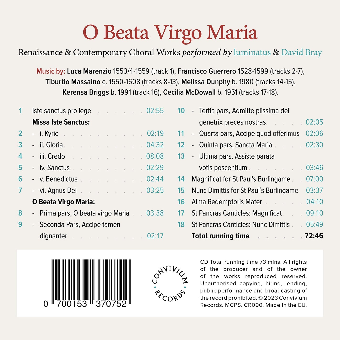 O Beata Virgo Maria - Renaissance & Contemporary Choral Work