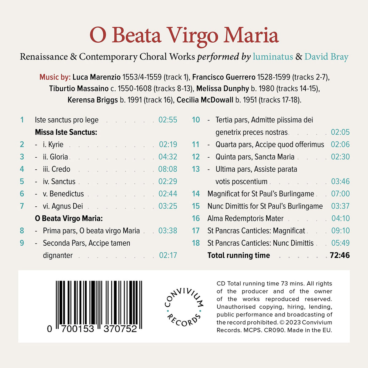 O Beata Virgo Maria - Renaissance & Contemporary Choral Work