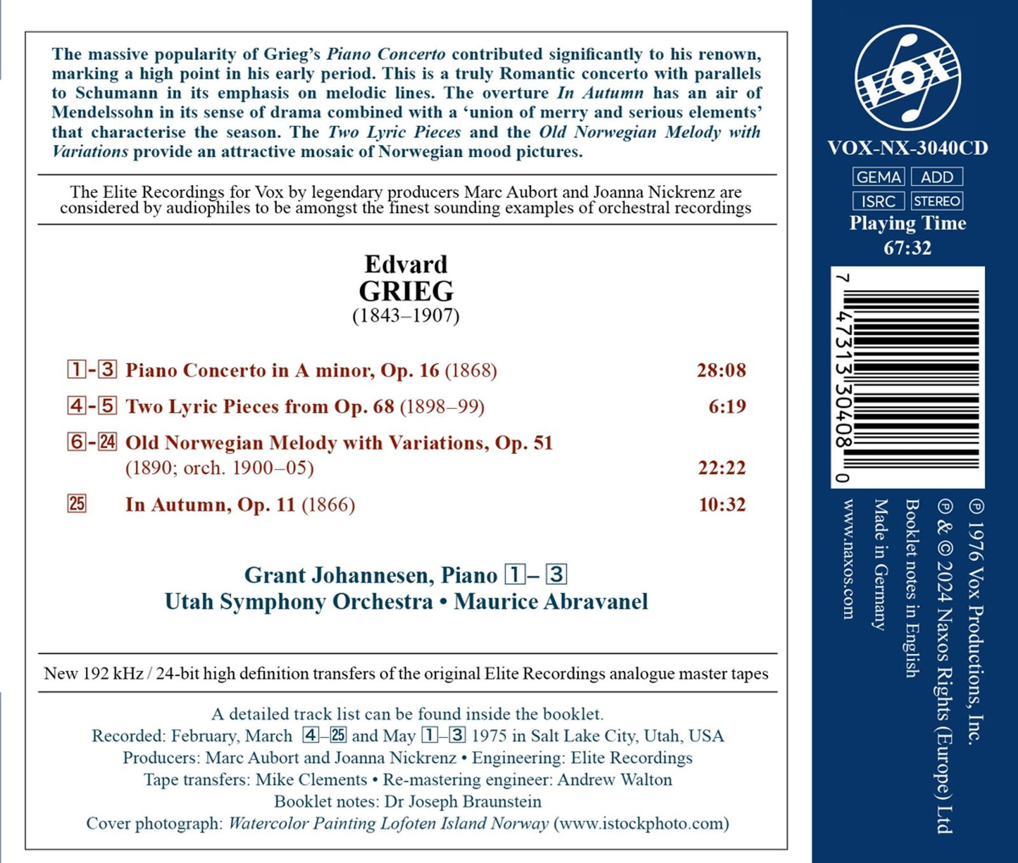 Grieg: Piano Concerto in A minor, Op. 16; Two Lyric Pieces,