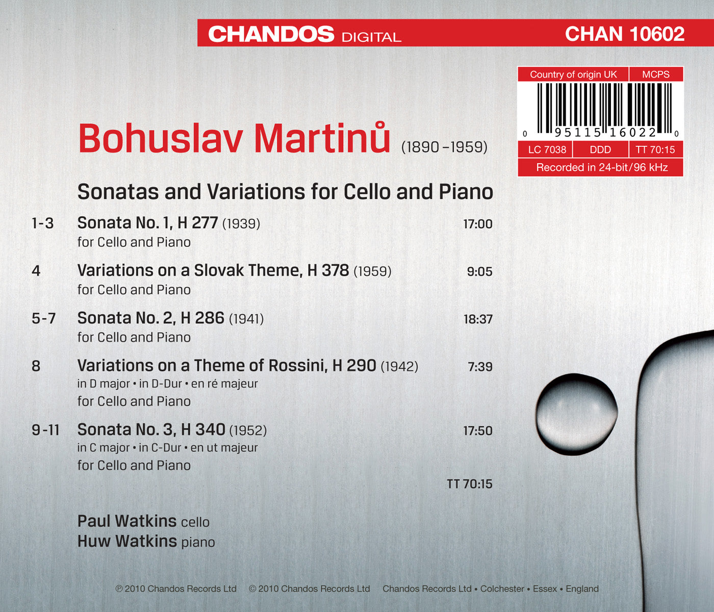 Martinu: Cello Sonatas Nos. 1-3 - Variations on a Theme of R