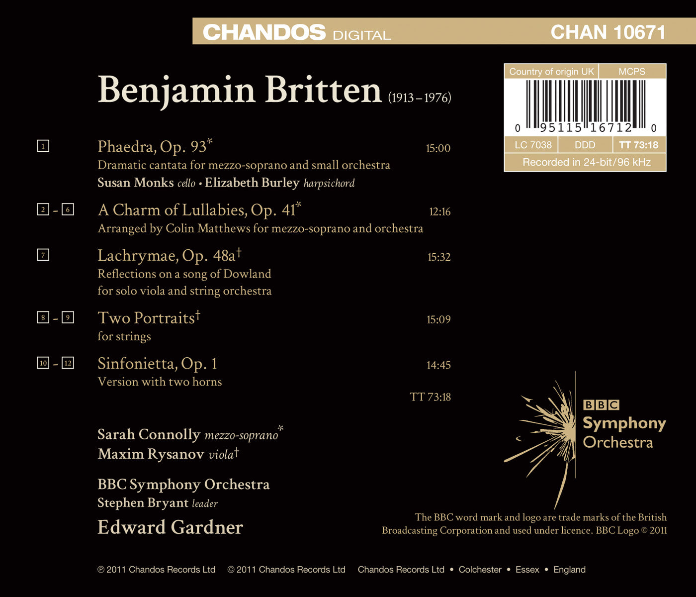Britten: Phaedra - A Charm of Lullabies - Lachrymae - Two Po