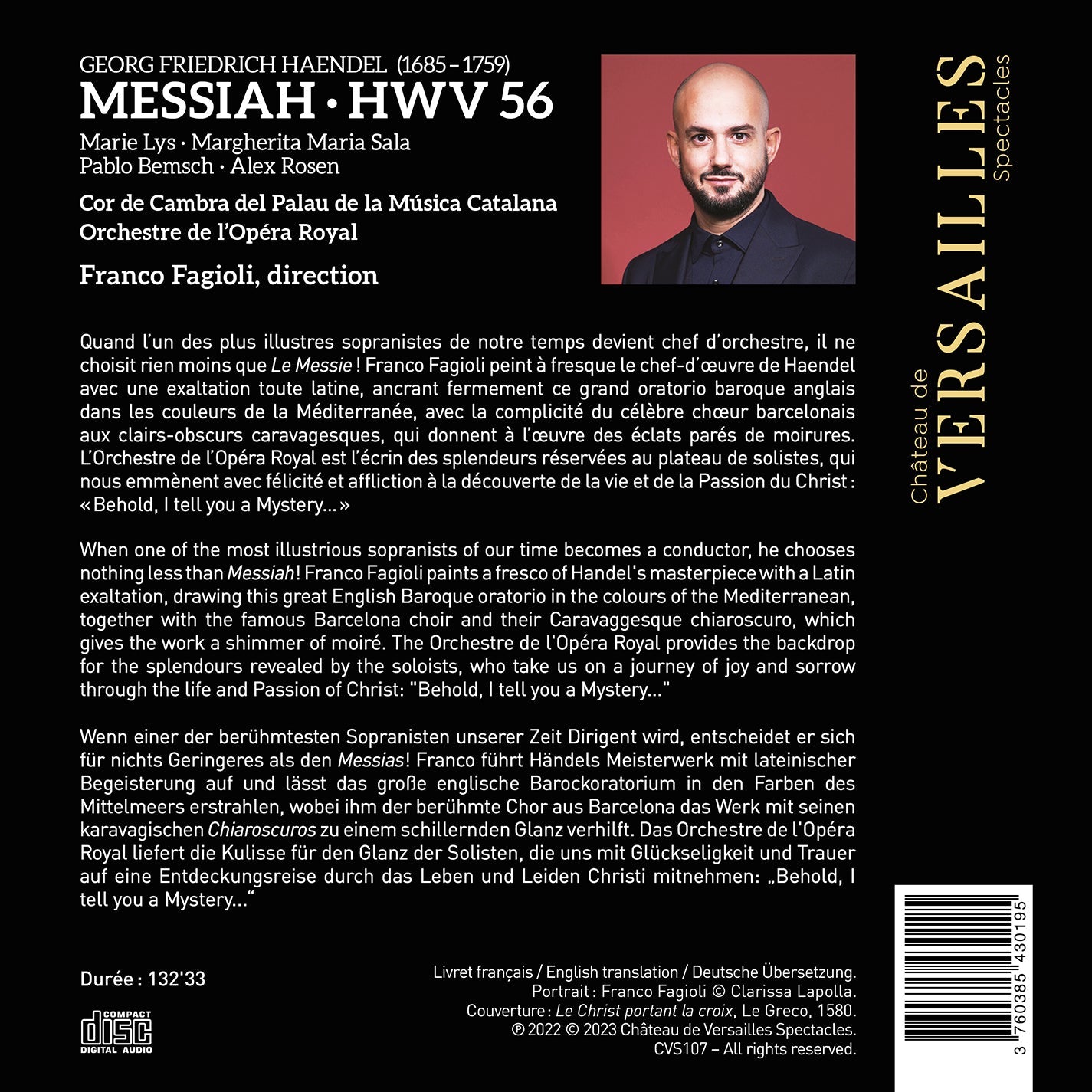 Handel: Messiah Franco Fagioli, Cor De Cambra Del Palau De La Musica Catalana, Orchestre De L'Opera Royal
