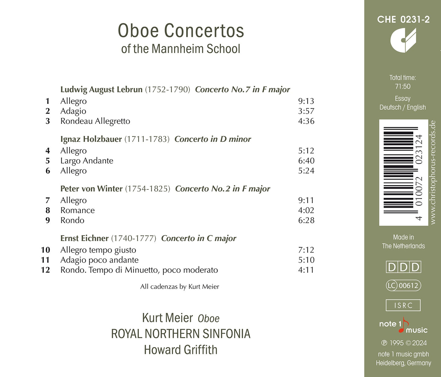 Lebrun, Holzbauer, Winter & Eichner: Oboe Concertos Of The M Kurt Meier, Northern Sinfonia, Howard Griffith