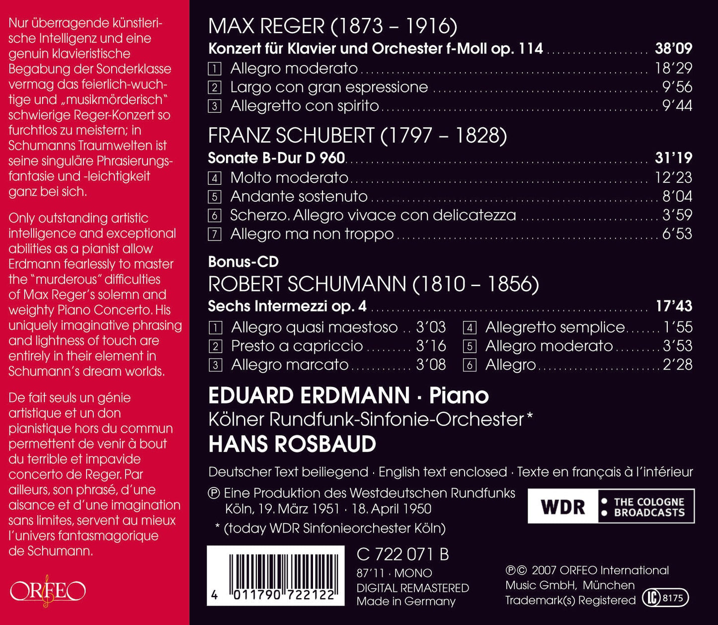 Reger, Schubert & Schumann: Works for Piano