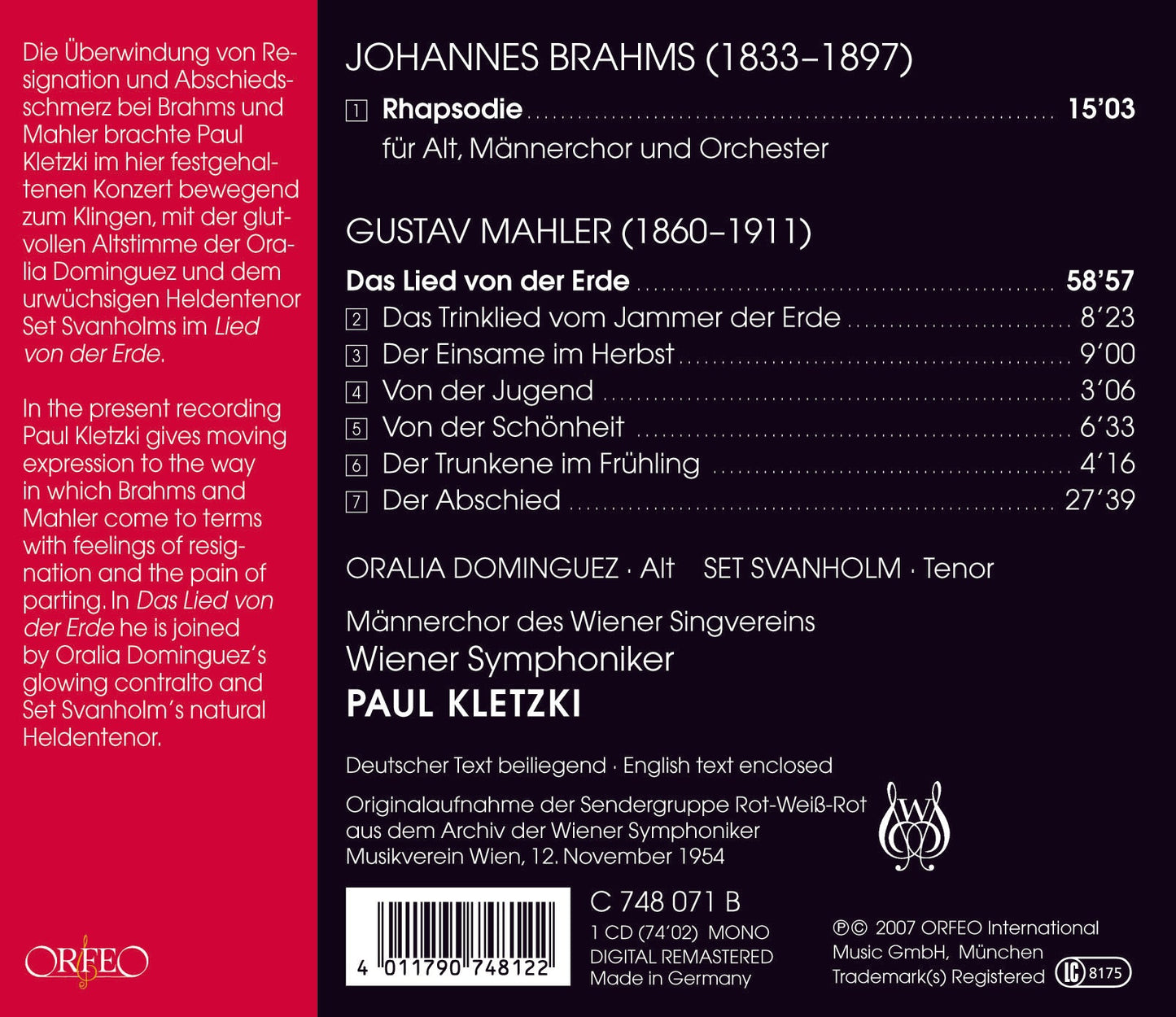 Brahms: Alto Rhapsody - Mahler: Das Lied von der Erde