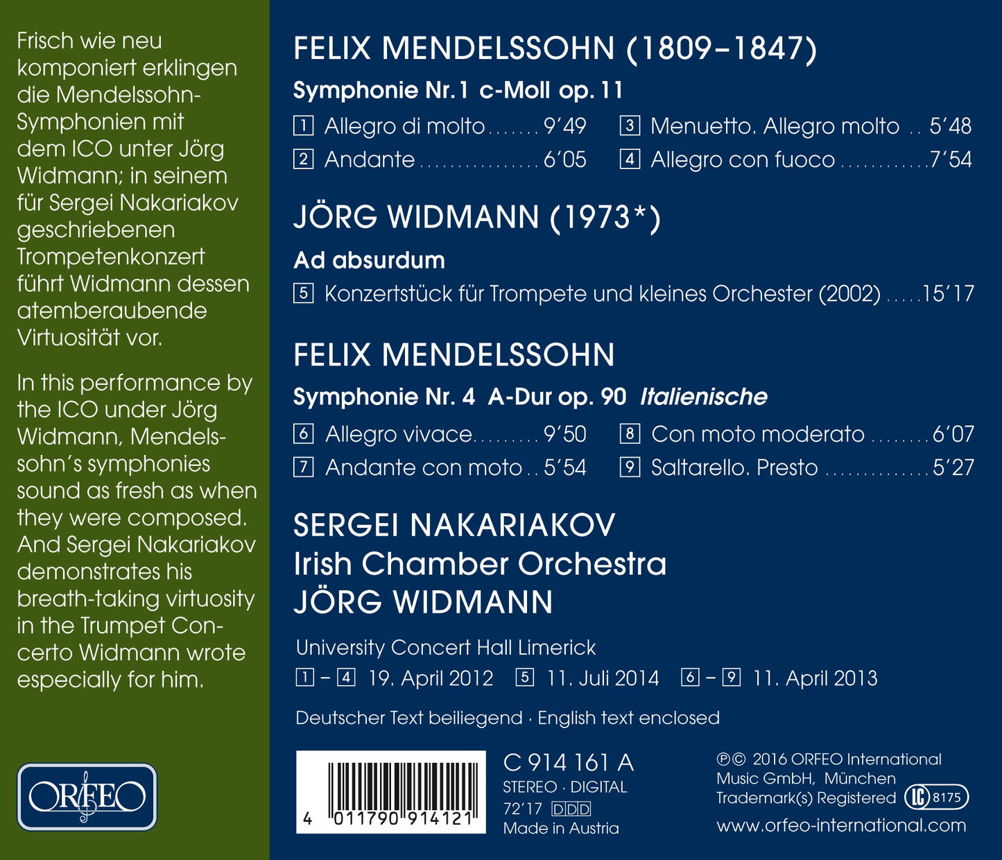 Mendelssohn: Symphonies Nos. 1 & 4 - Widmann: Ad absurdum