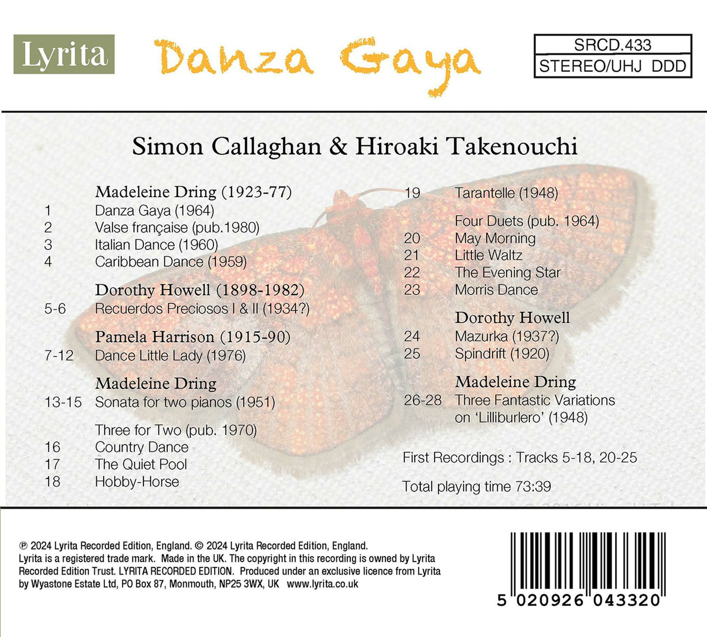 Dring, Harrison & Howell: Danza Gaya - Music For Two Pianos Simon Callaghan, Hiroaki Takenouchi