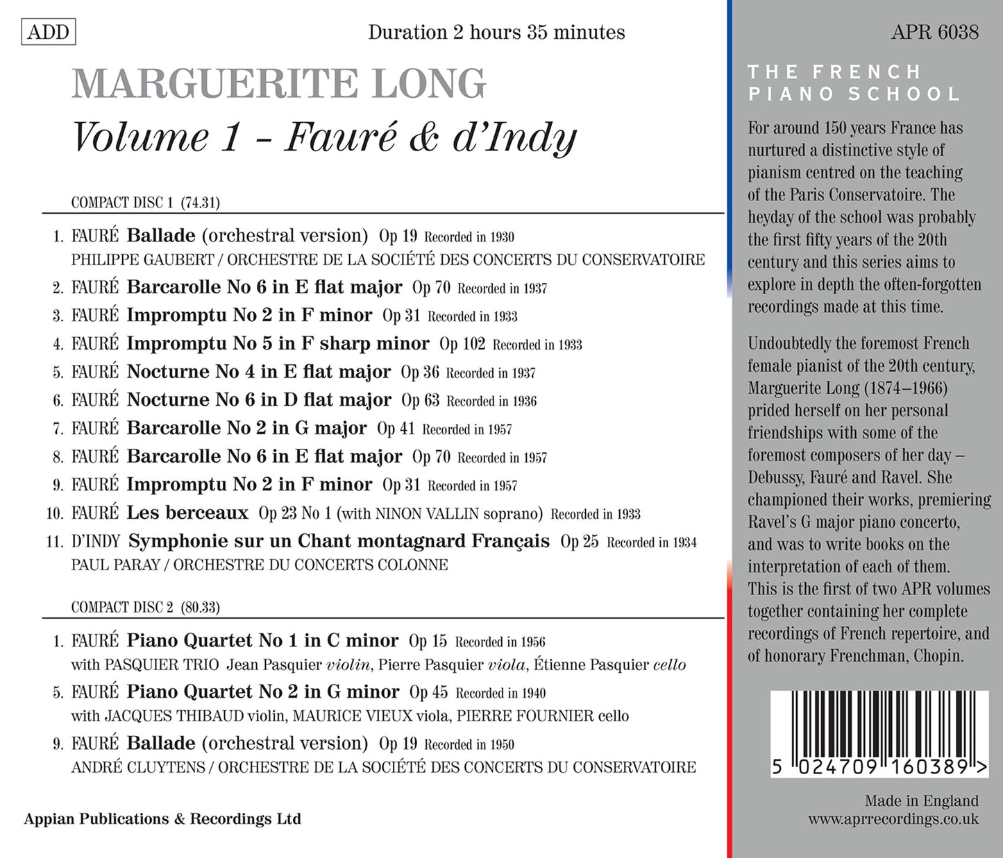 Marguerite Long Plays Faure & D'Indy