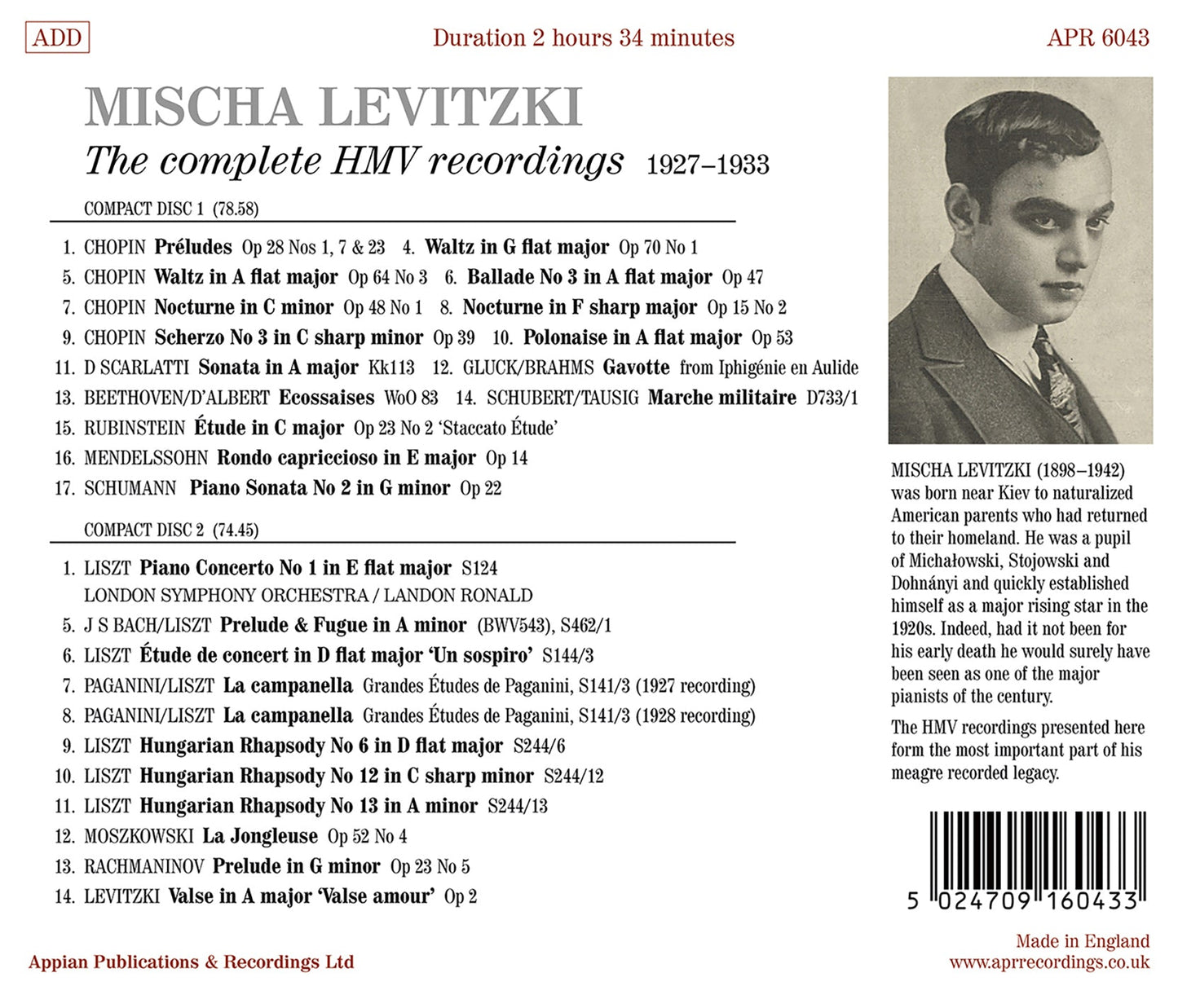 Mischa Levitzki - The Complete Hmv Recordings Mischa Levitzki, London Symphony Orchestra