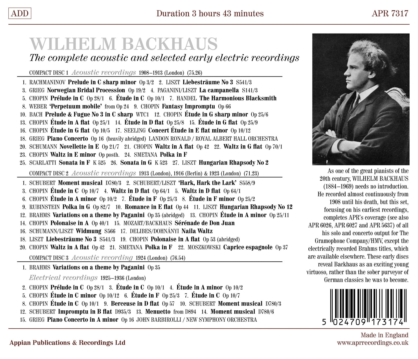 Wilhelm Backhaus - The Complete Acoustic & Selected Early El Wilhelm Backhaus, New Symphony Orchestra, Royal Albert Hall Orchestra