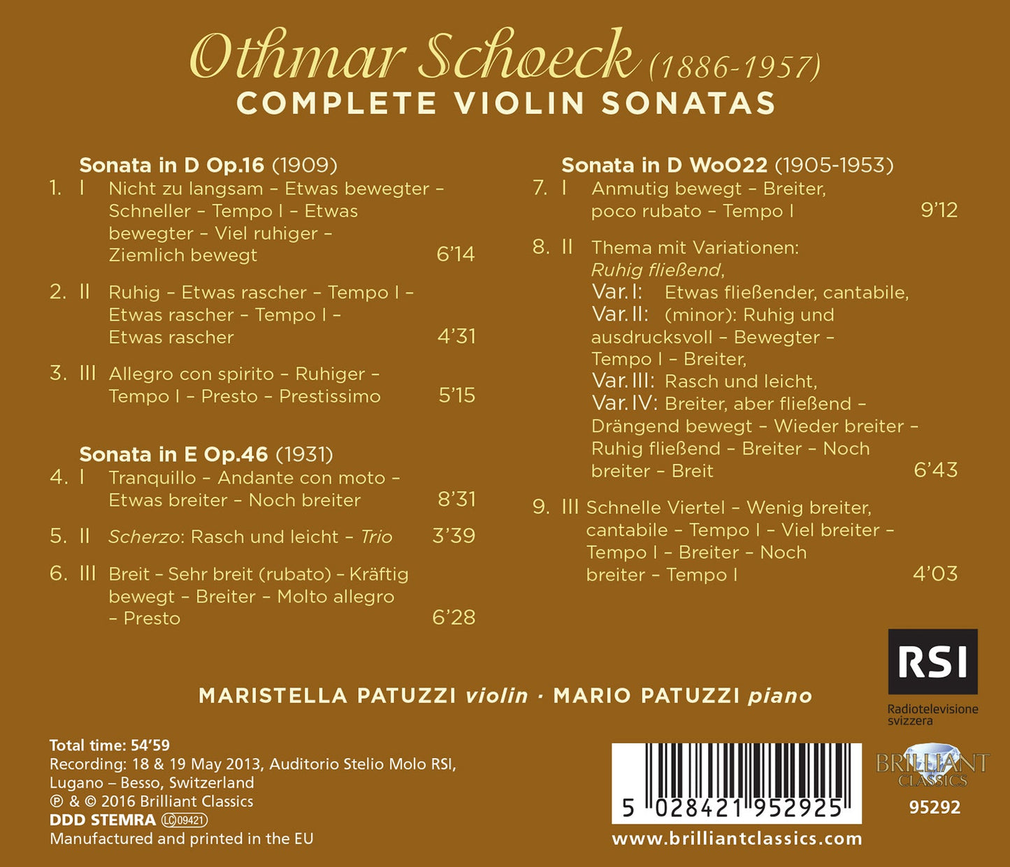 Schoeck: Complete Violin Sonatas