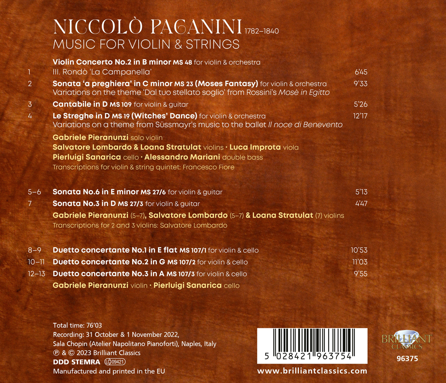 Paganini: Music For Violin & Strings Gabriele Pieranunzi, Salvatore Lombardo, Loana Stratulat, Luca Improta, Pierluigi Sanarica, Allessan