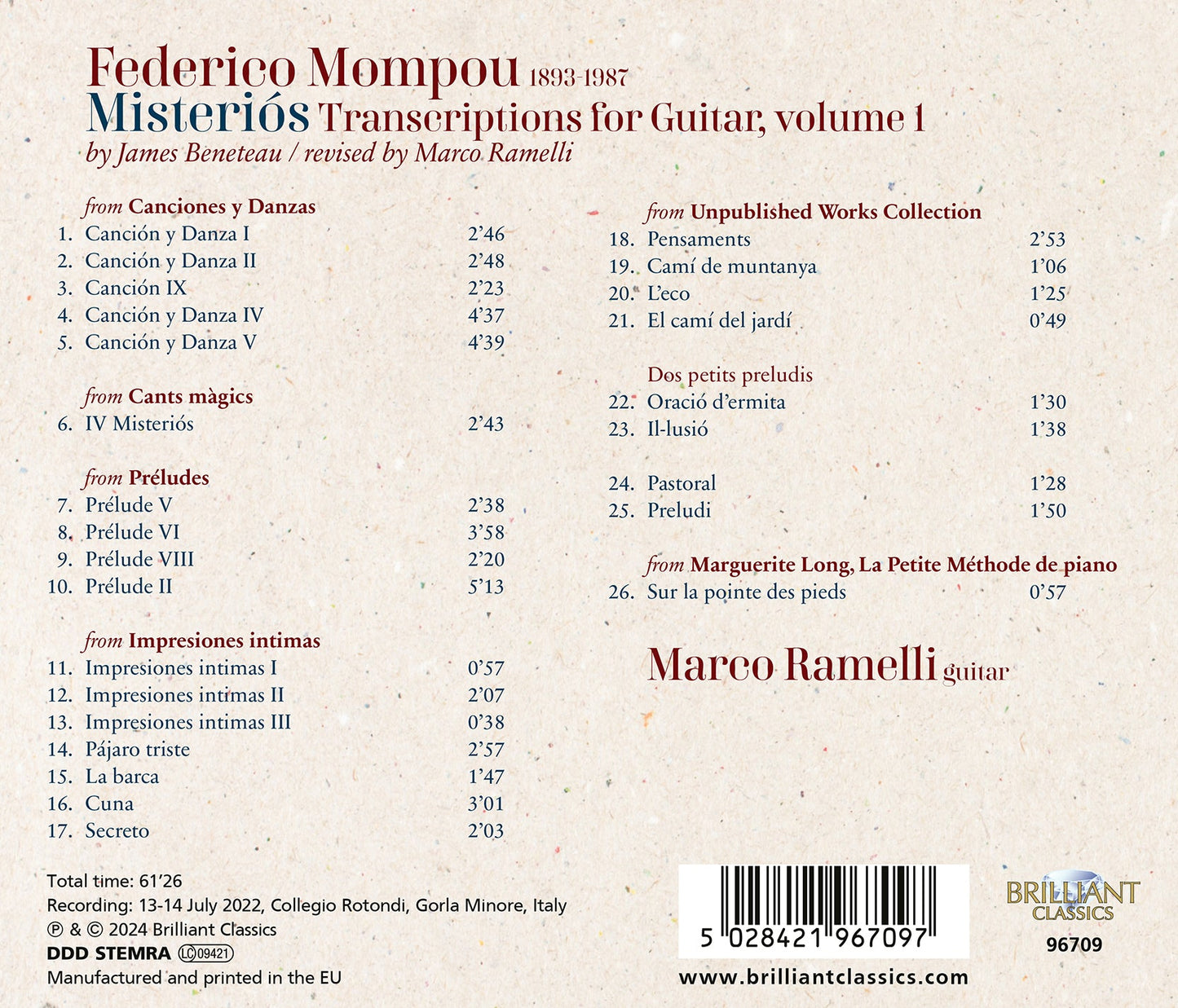 Mompou: Misterios - Transcriptions For Guitar, Vol.1 Marco Ramelli