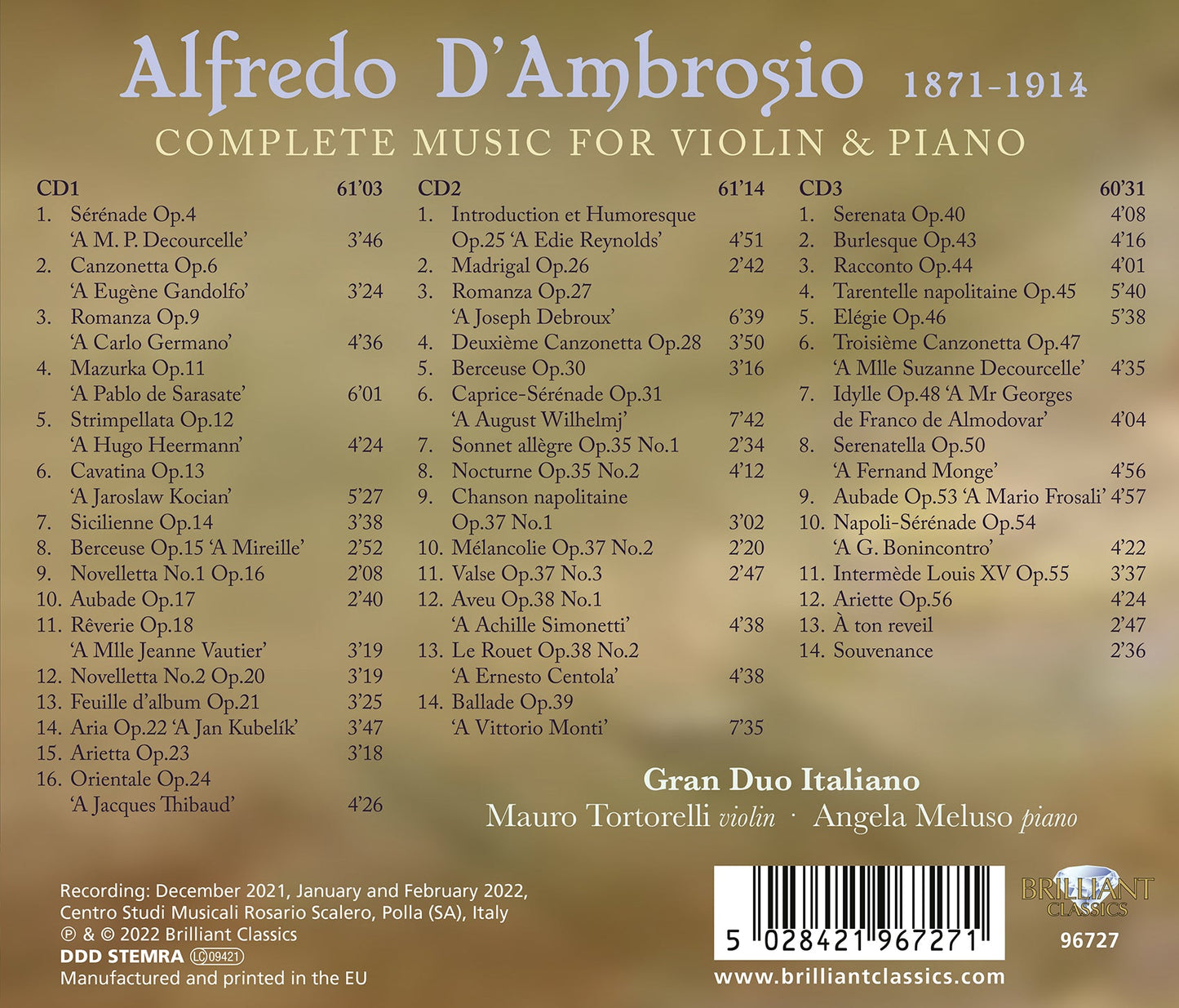 D'Ambrosio: Complete Music For Violin & Piano Gran Duo Italiano, Mauro Tortorelli, Angela Meluso