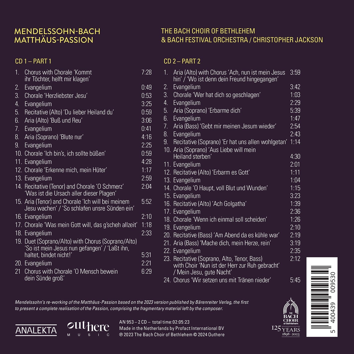 Mendelssohn & J.S. Bach: Matthaus-Passion The Bach Choir Of Bethlehem, Christopher Jackson