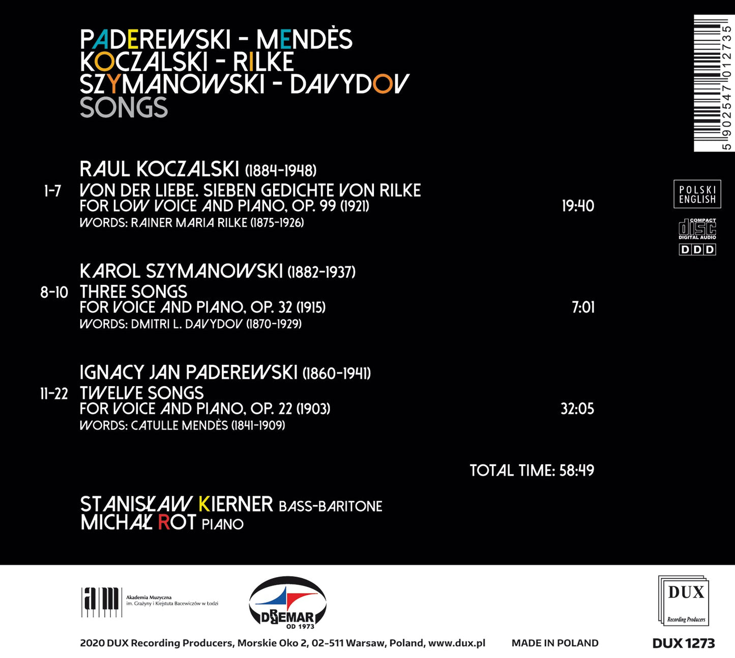 Paderewski, Koczalski, Szymanowski; Songs / Kierner, Rot