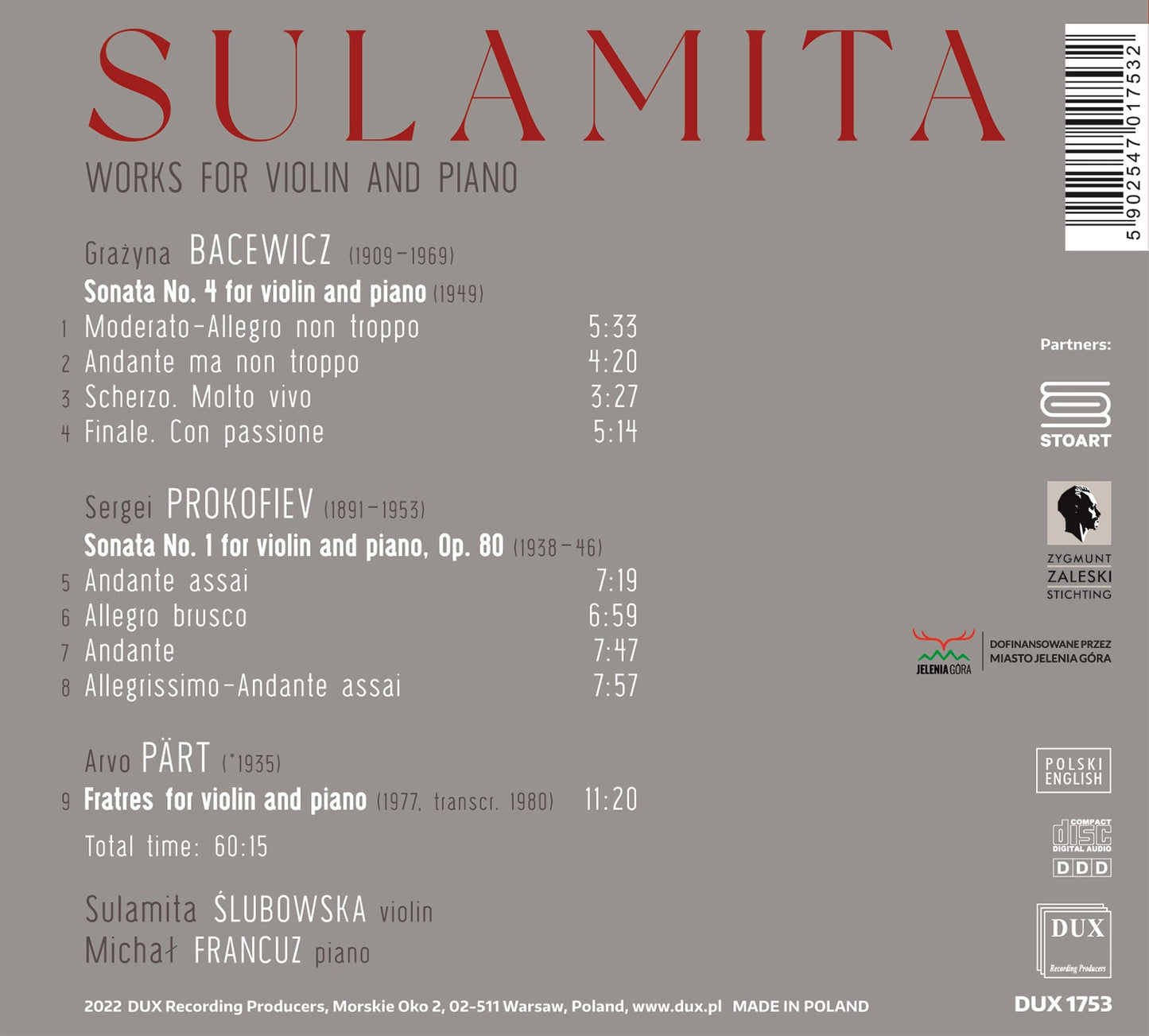 Bacewicz, Part & Prokofiev: Sulamita - Works For Violin & Pi