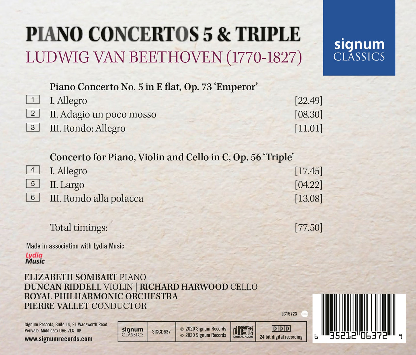 Beethoven: Piano Concertos No. 5 - Triple Concerto Sombart, Royal Philharmonic Orchestra, Vallet