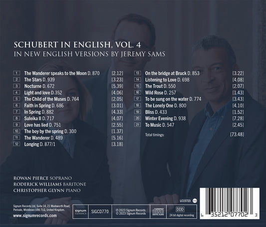 Schubert In English, Vol. 4 Roderick Williams, Rowan Pierce, Christopher Glynn