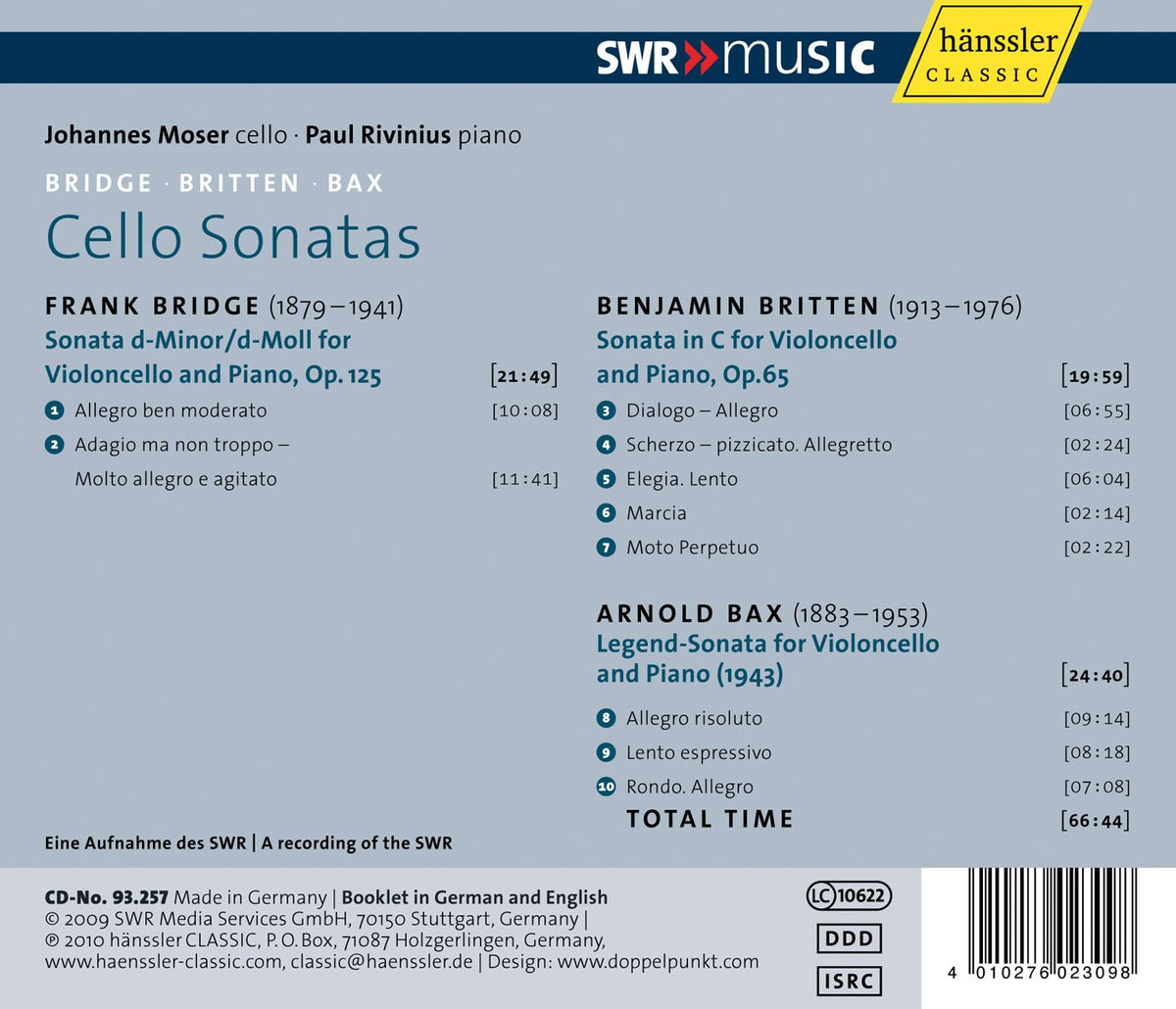 Bridge, Britten and Bax: Cello Sonatas