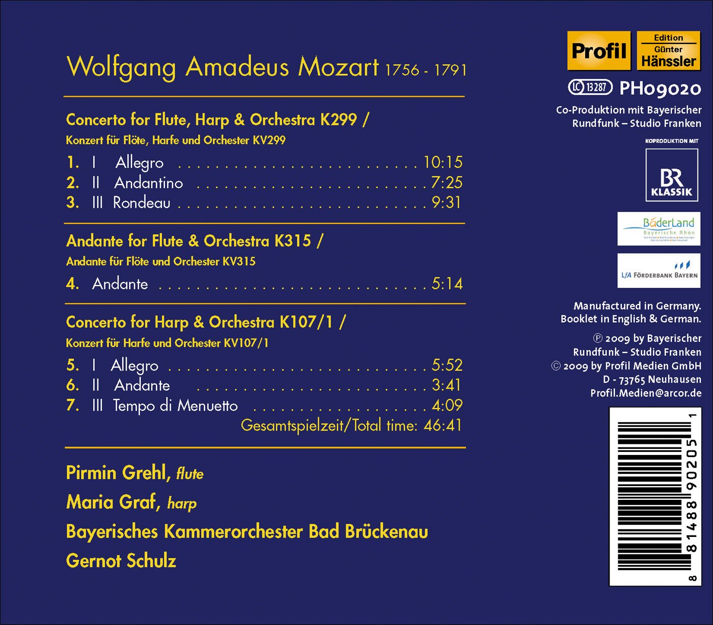 Mozart, W.A.: Concerto for Flute and Harp / Andante in C Maj