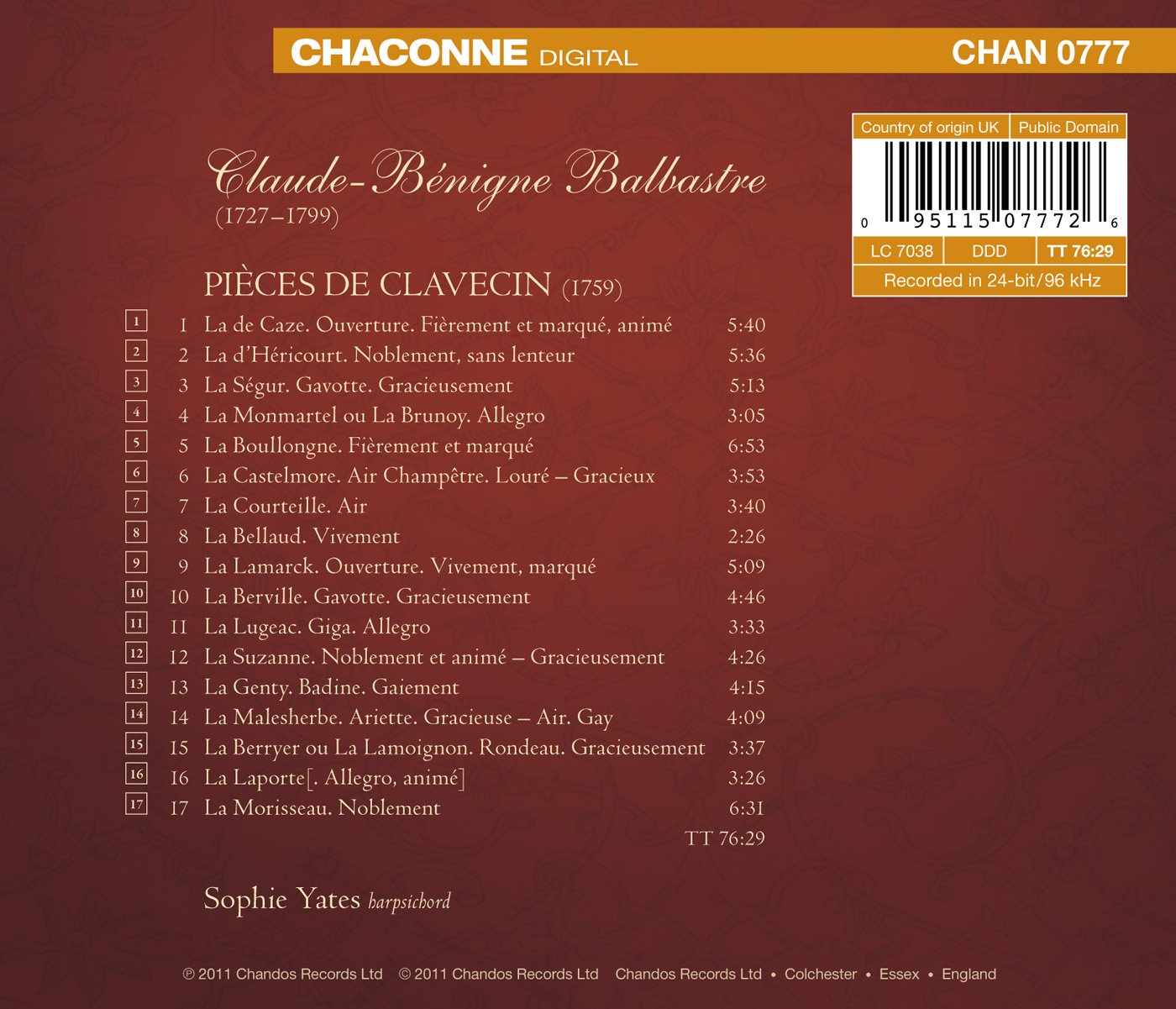 Balbastre: Pieces de Clavecin, Book 1