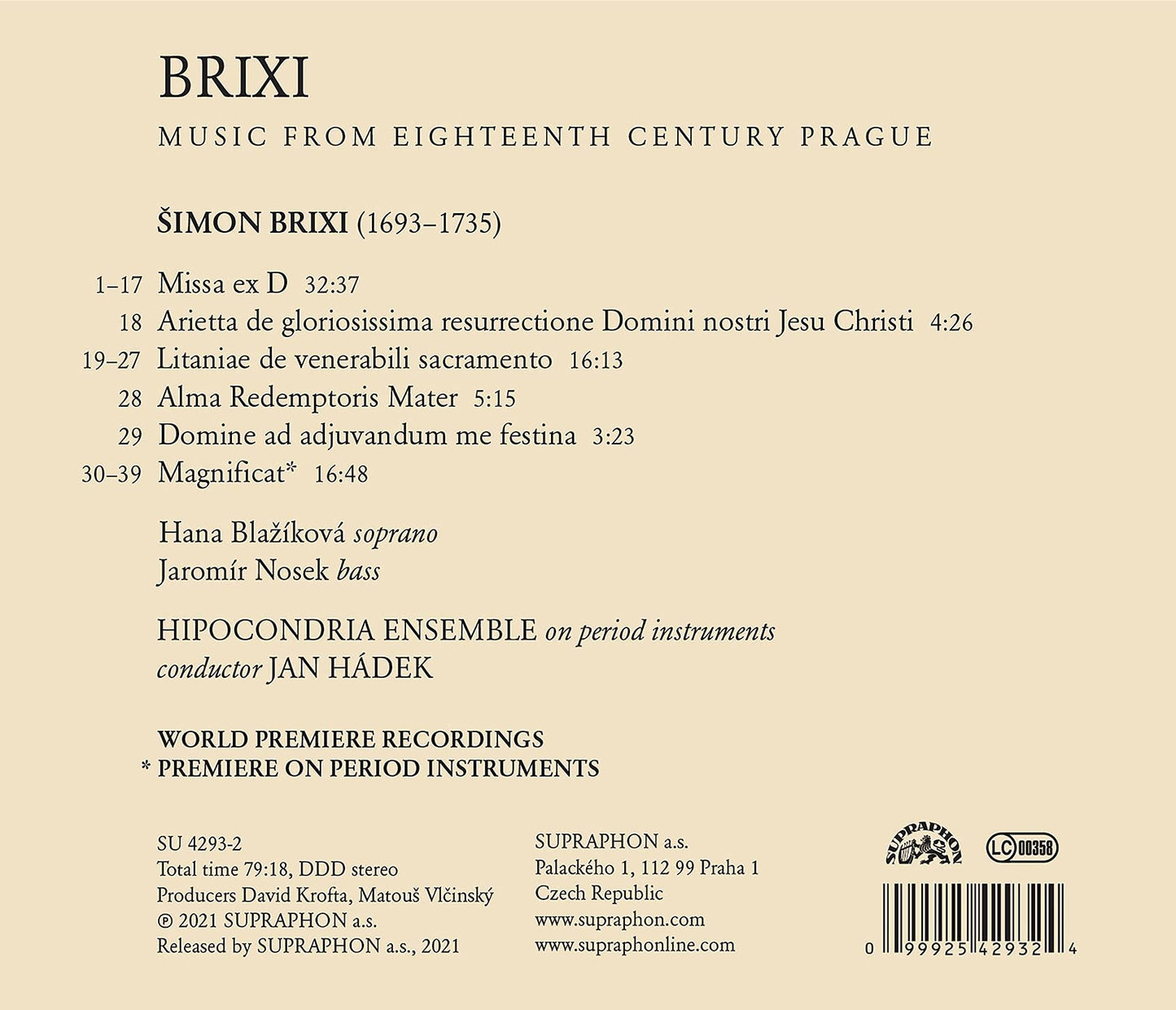 Music From 18Th Century Prague Blazikova, Nosek, Hipocondria Ensemble, Hadek