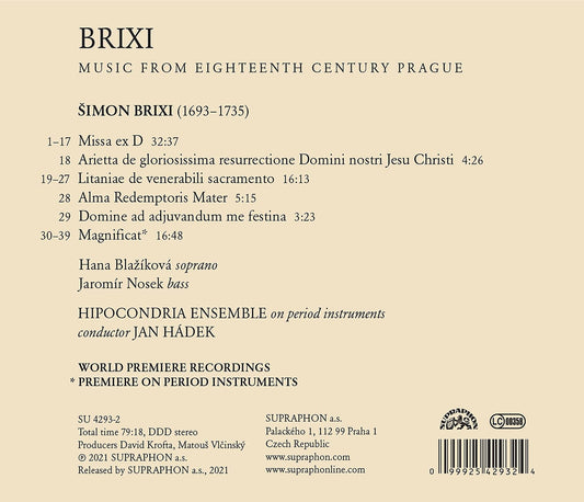 Music From 18Th Century Prague Blazikova, Nosek, Hipocondria Ensemble, Hadek