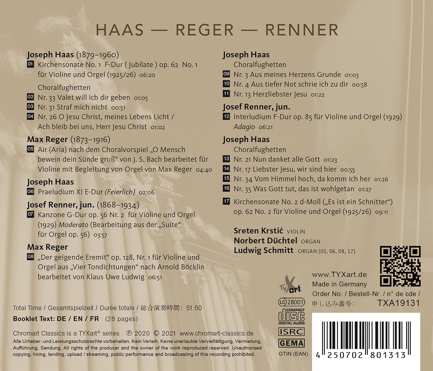 Haas - Reger - Renner: Works for Violin and Organ