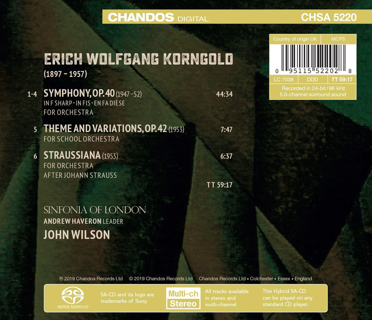 Korngold: Symphony, Theme & Variations & Straussiana / Wilson, Sinfonia of London