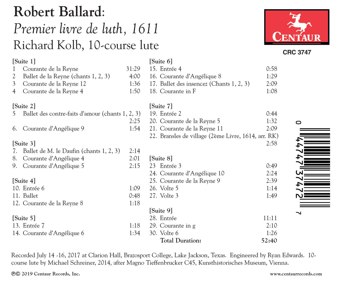 Robert Ballard: Premier livre de luth, 1611