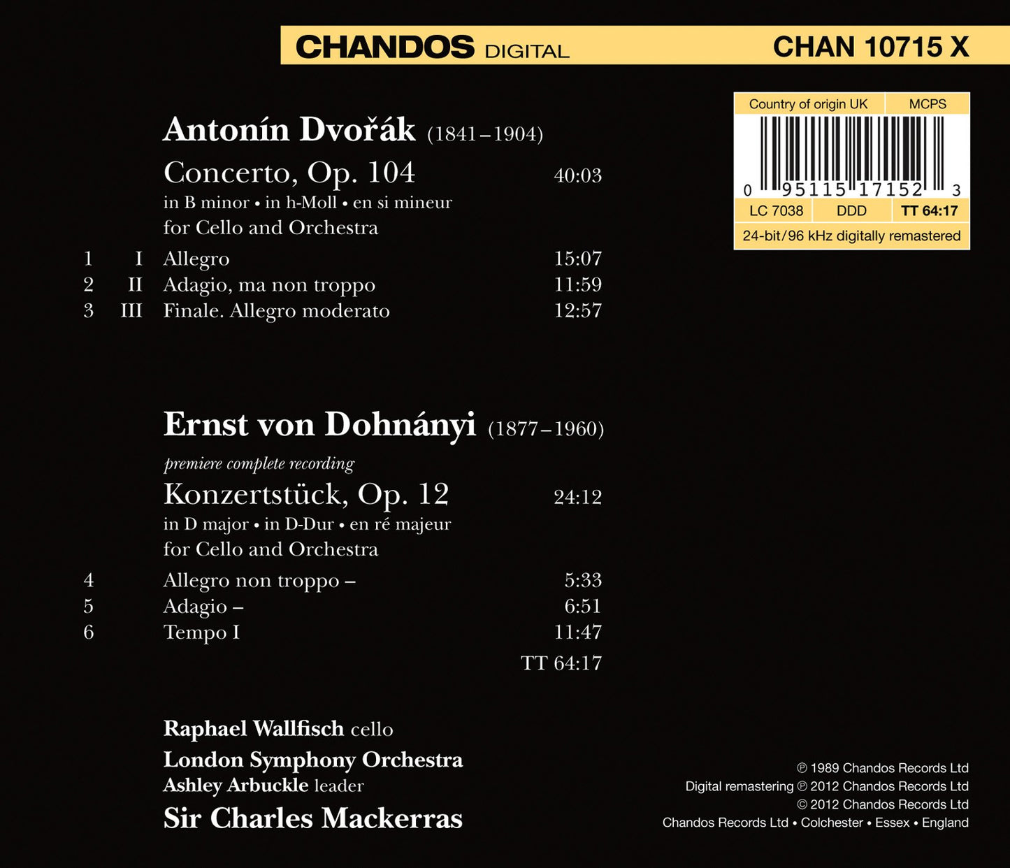 Dvorak: Cello Concerto - Dohnanyi: Konzertstuck