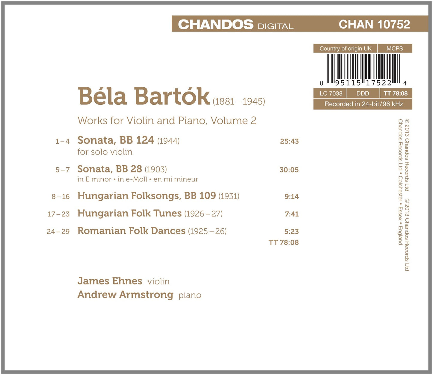 Bartók: Works for Violin and Piano, Vol. 2