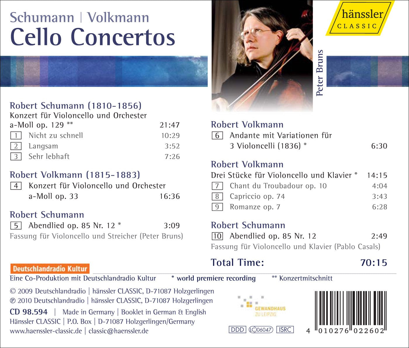 SCHUMANN, R. / VOLKMANN, F.R.: Cello Concertos