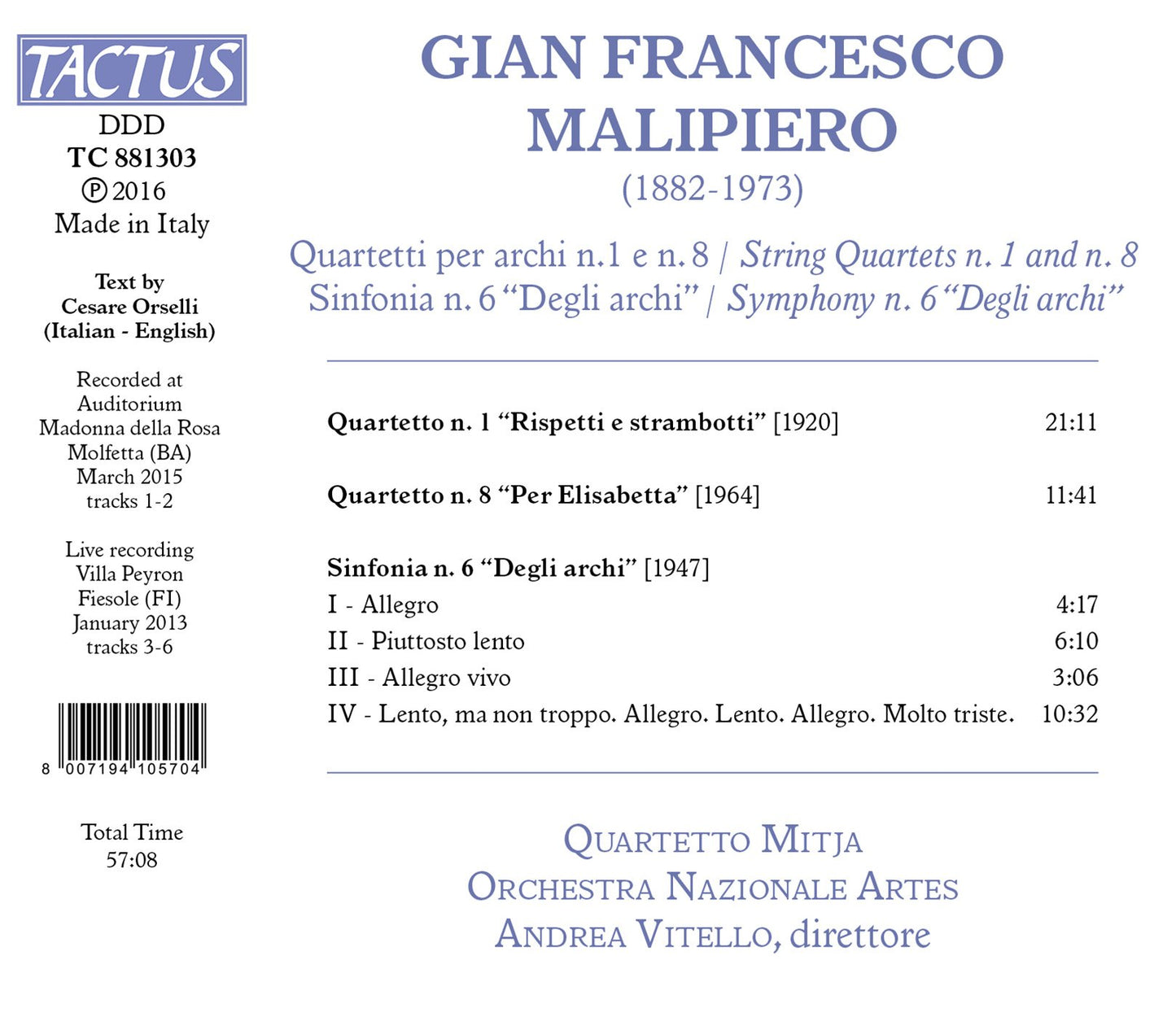 Malipiero: String Quartets Nos. 1 & 8 and Sinfonia No. 6