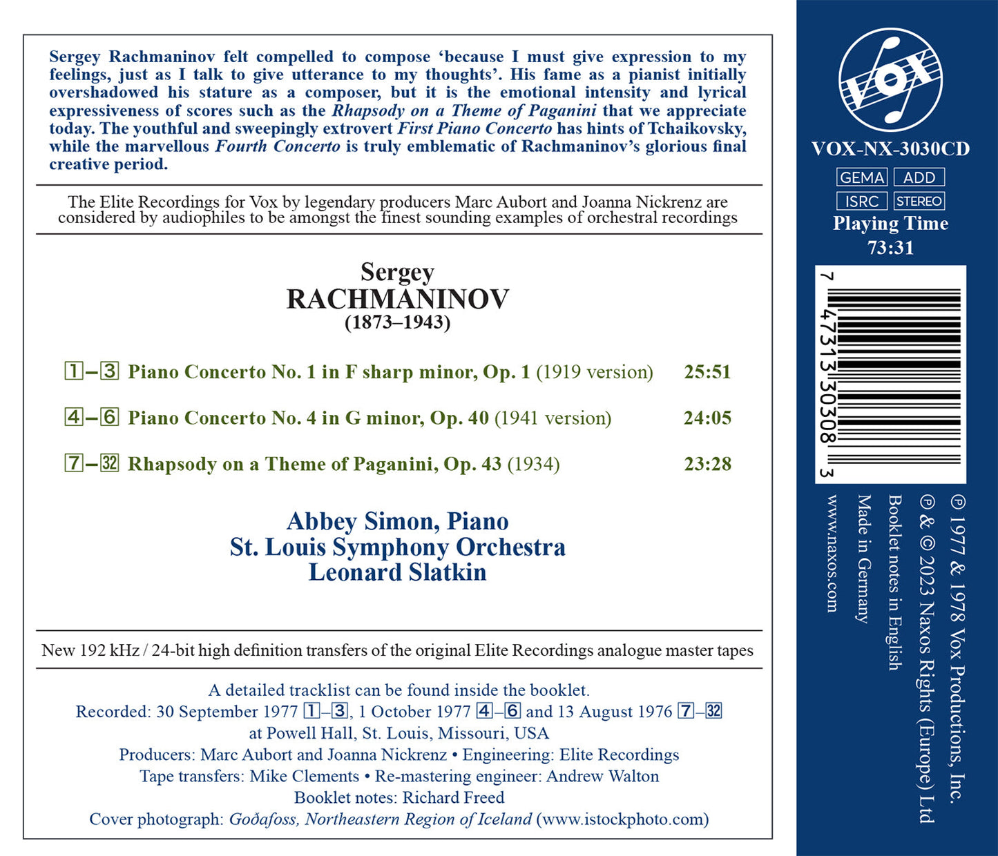 Rachmaninoff: Concertos Nos. 1 & 4; Paganini Rhapsody / Simon, Slatkin, SLSO