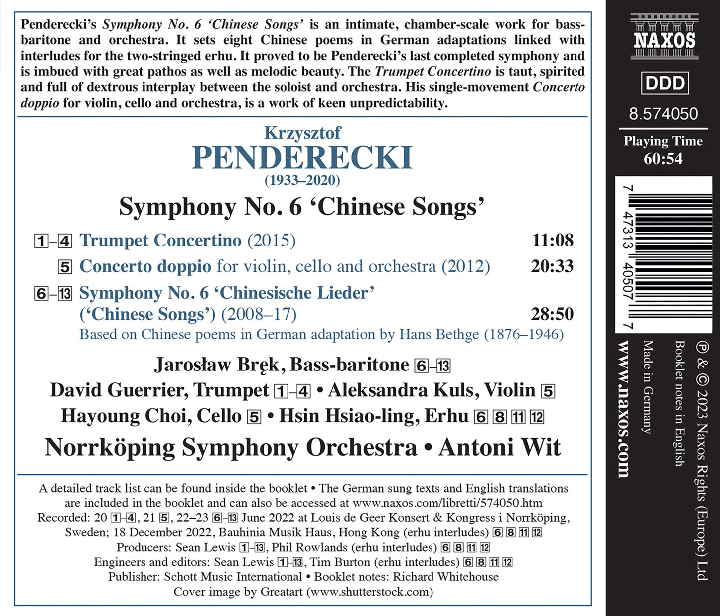 Penderecki: Symphony No. 6; Trumpet Concertino