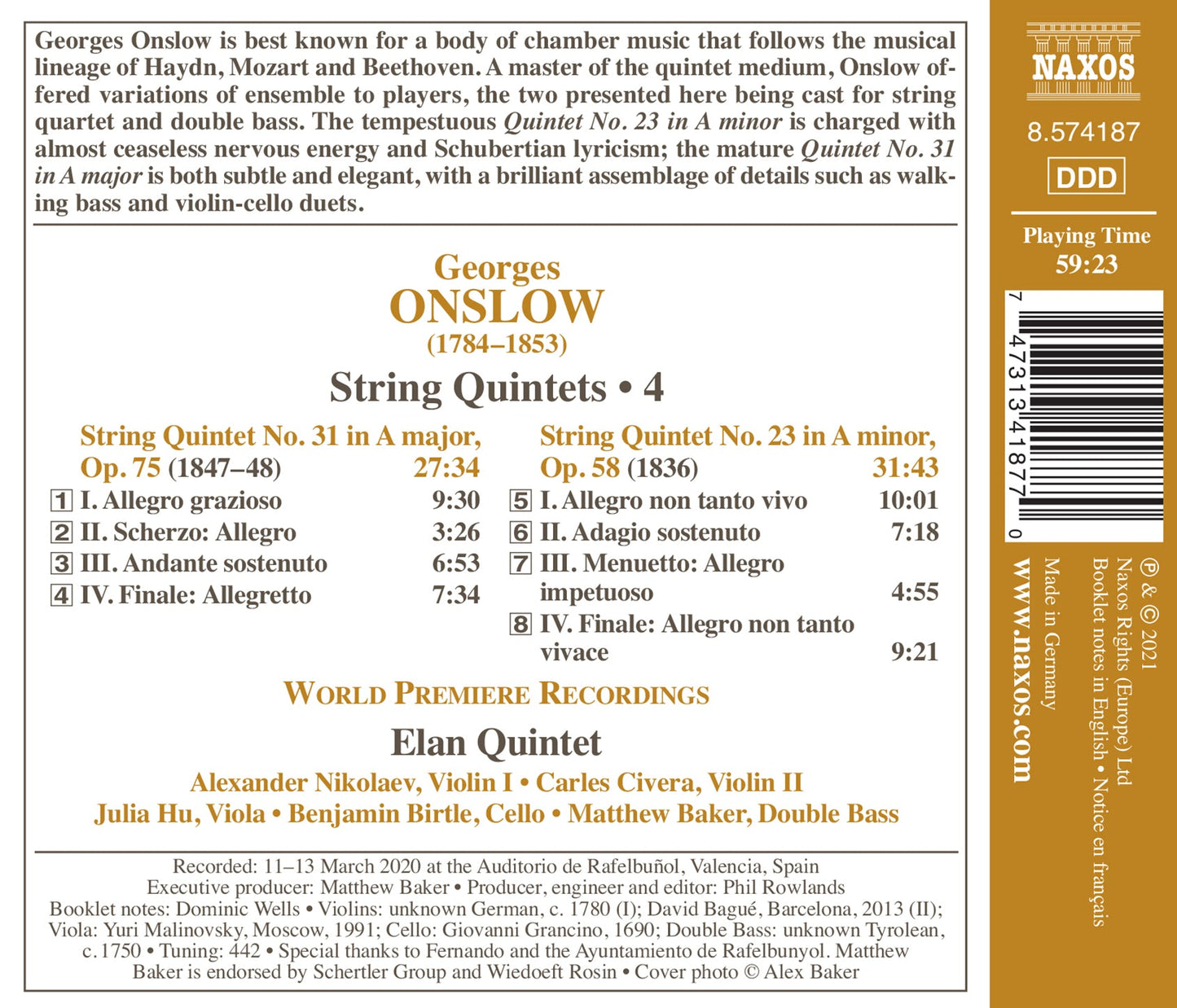 Onslow: String Quintets, Vol. 4