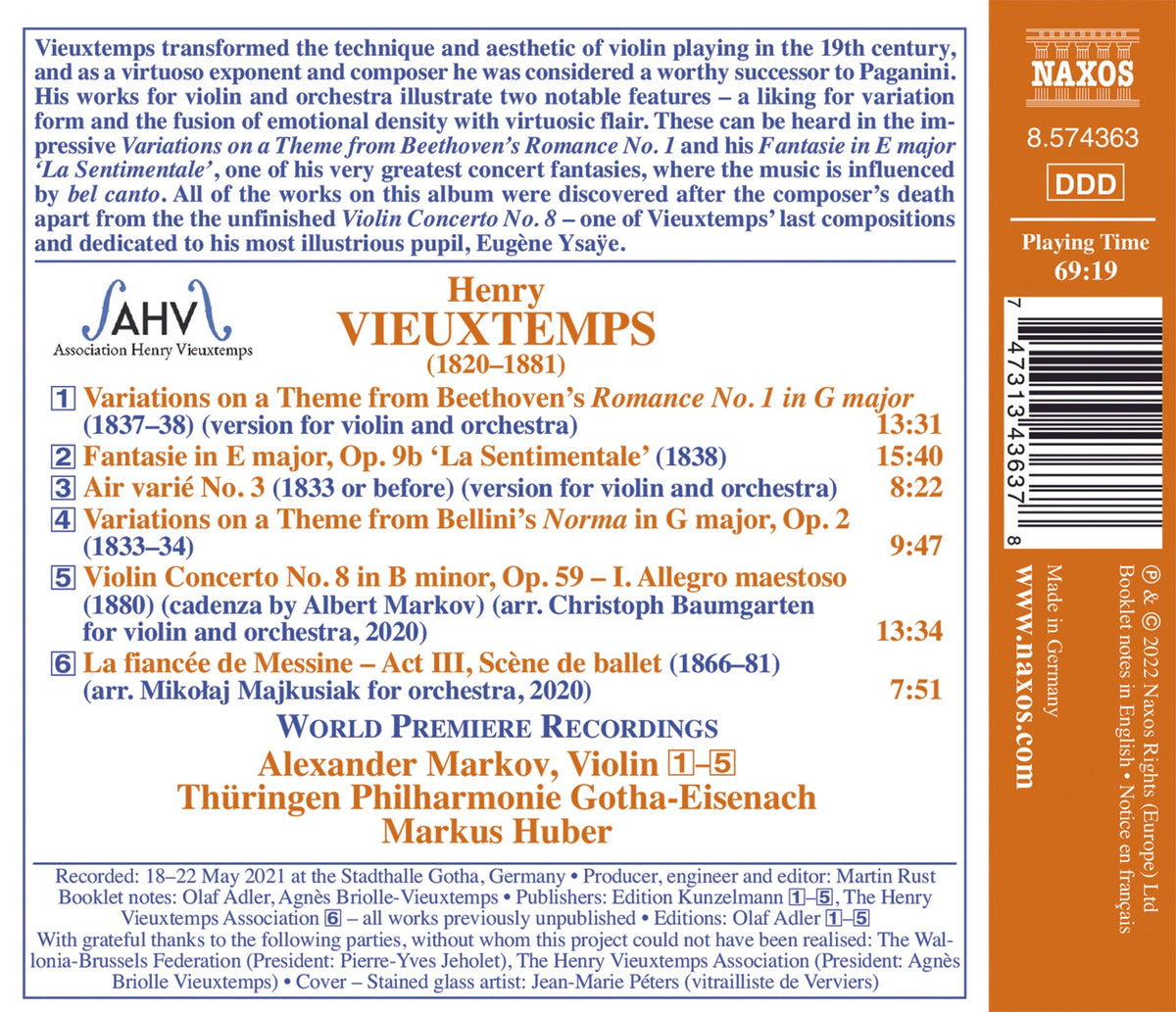 Vieuxtemps: Fantasie 'La Sentimentale'; Variations on a Them