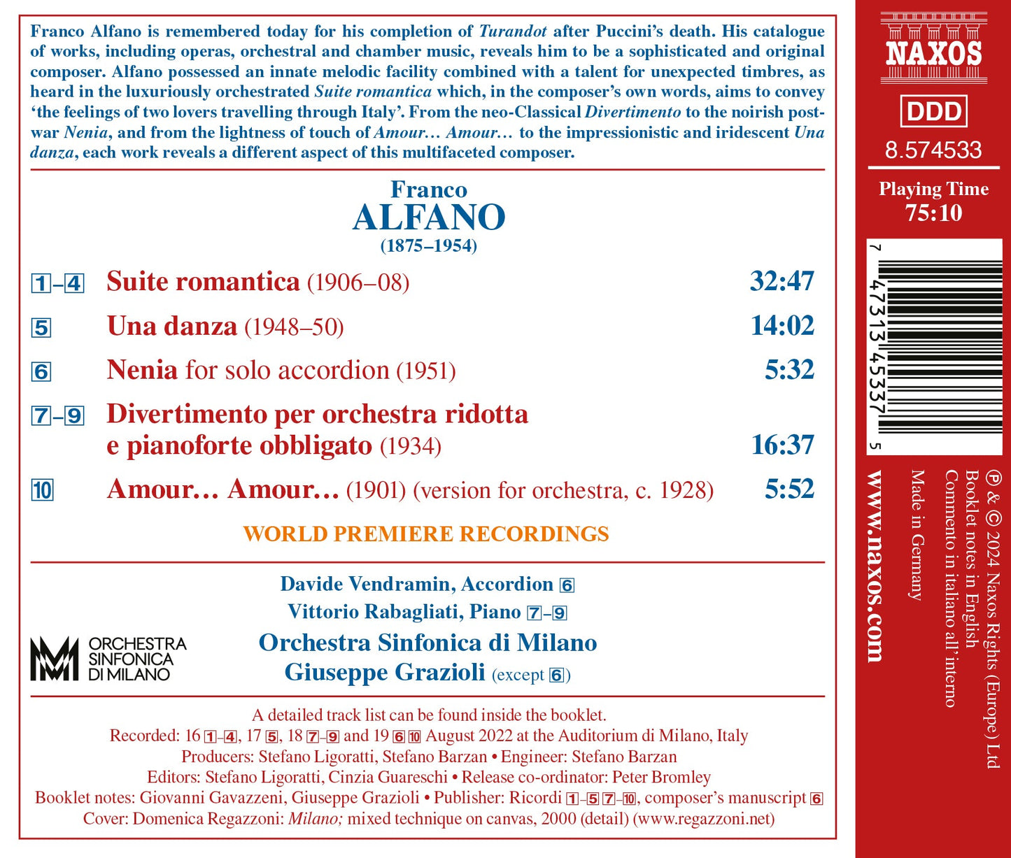 Alfano: Suite Romantica; Una Danza; Divertimento Vittorio Rabagliati, Davide Vendramin, Orchestra Sinfonica Di Milano, Giuseppe Grazioli