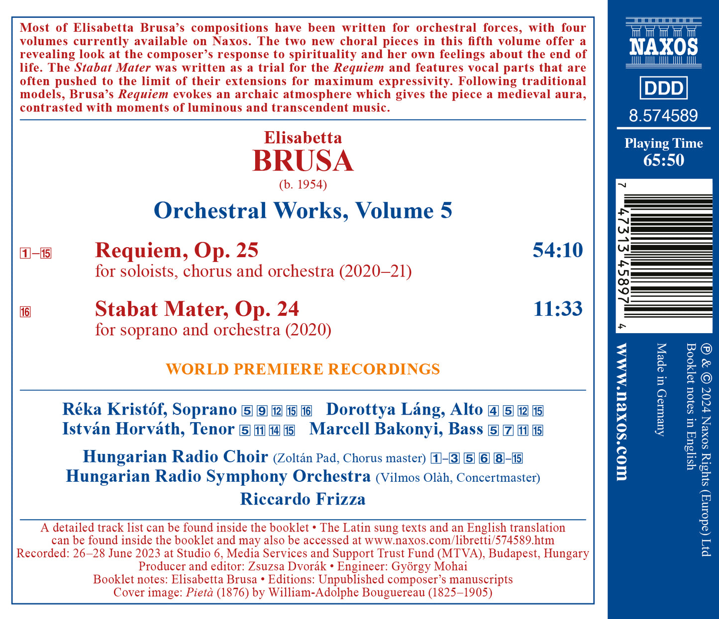 Brusa: Orchestral Works, Vol. 5  Reka Kristof, Dorottya Lang, Istvan Horvath, Marcell Bakonyi, Hungarian Radio Choir, Hungarian Radio