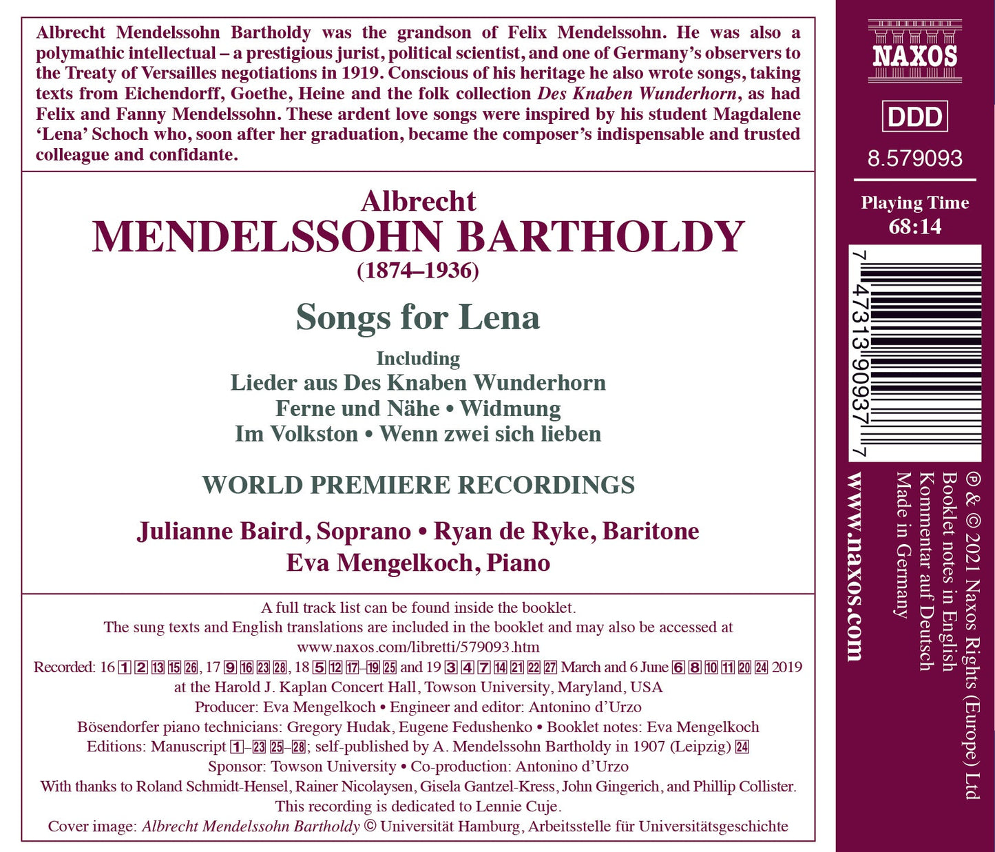 Albrecht Mendelssohn: Songs For Lena