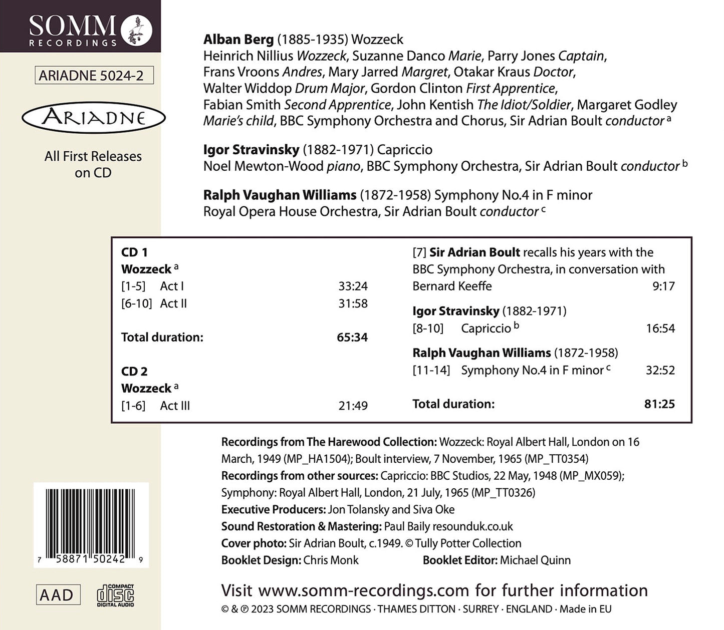 Berg: Wozzeck (Complete); Stravinsky: Capriccio; Vaughan Wil