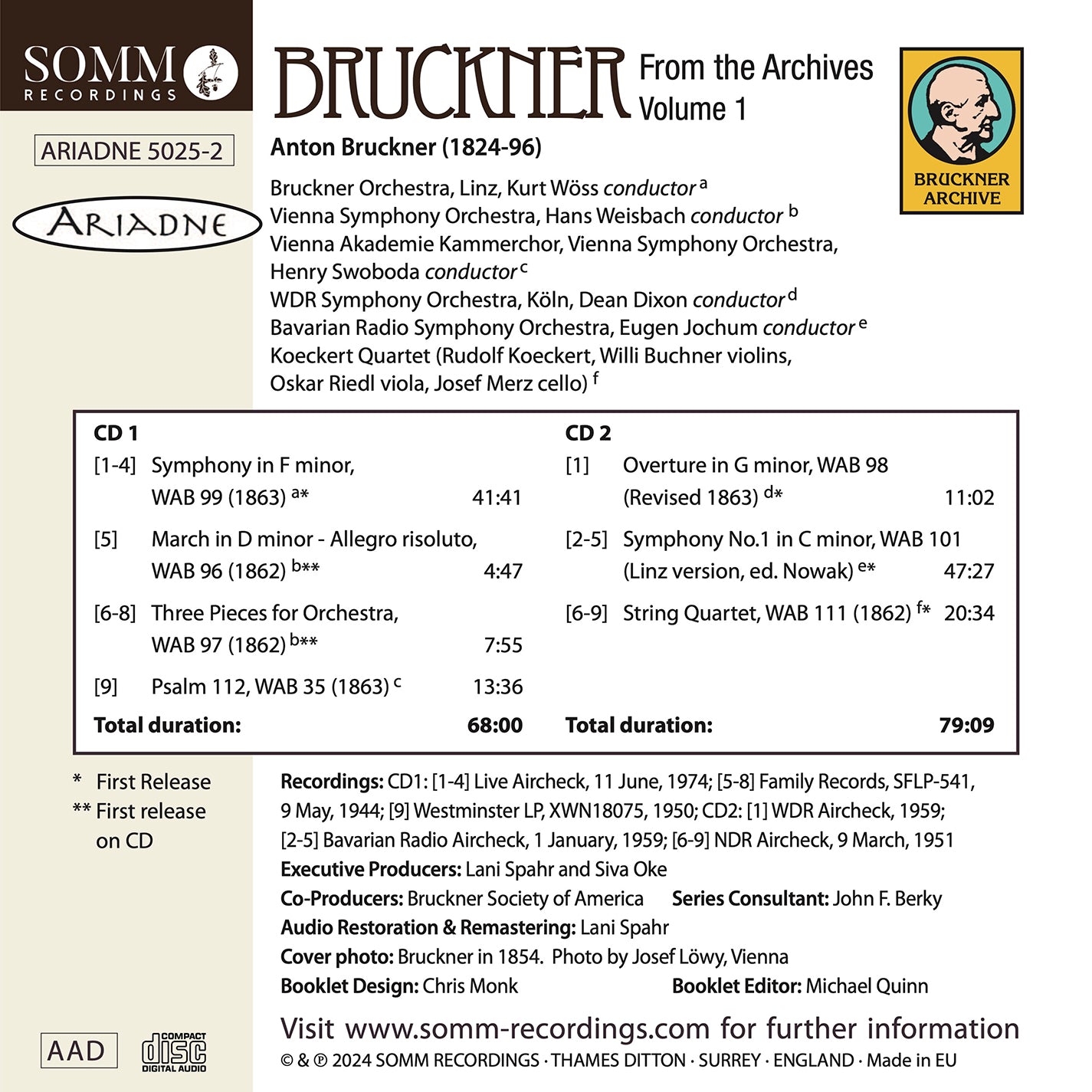 Bruckner From The Archives, Vol. 1 Bruckner Orchestra, Linz, Koeckert Quartet, Vienna Akademie Kammerchor, Vienna Symphony Orchestra, W