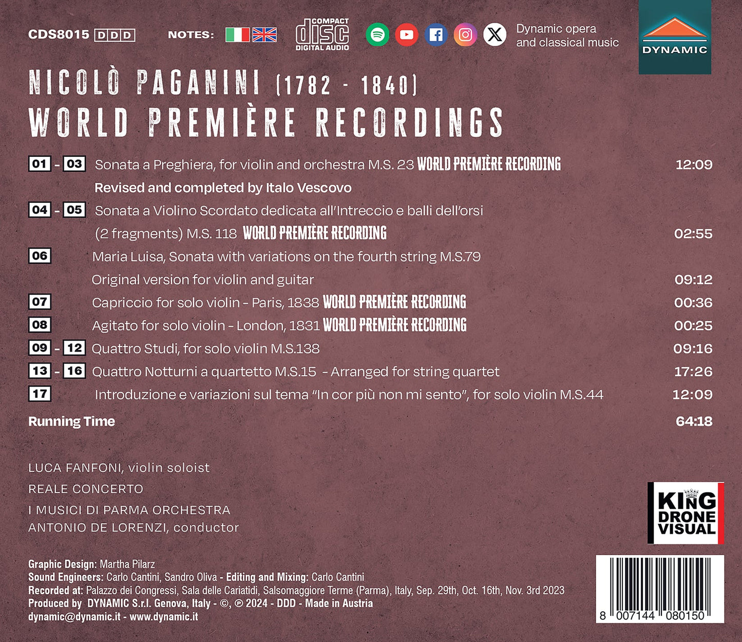Paganini: World Premiere Recordings - Sonata A Preghiera Wit Luca Fanfoni, Carlo Cantini, Daniele Fanfoni, Reale Concerto, I Musici Di Parma Orchestra, Saverio F