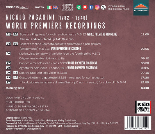Paganini: World Premiere Recordings - Sonata A Preghiera Wit Luca Fanfoni, Carlo Cantini, Daniele Fanfoni, Reale Concerto, I Musici Di Parma Orchestra, Saverio F