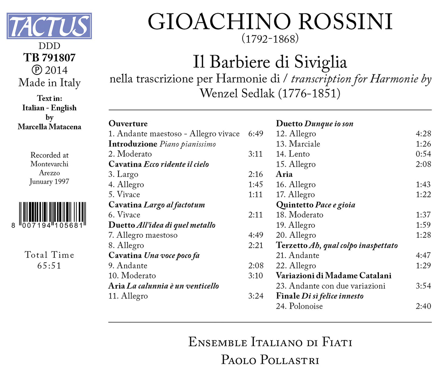 Rossini: Il Barbiere di Siviglia nella trascrizione per Harmonie / Italiano di Fiati