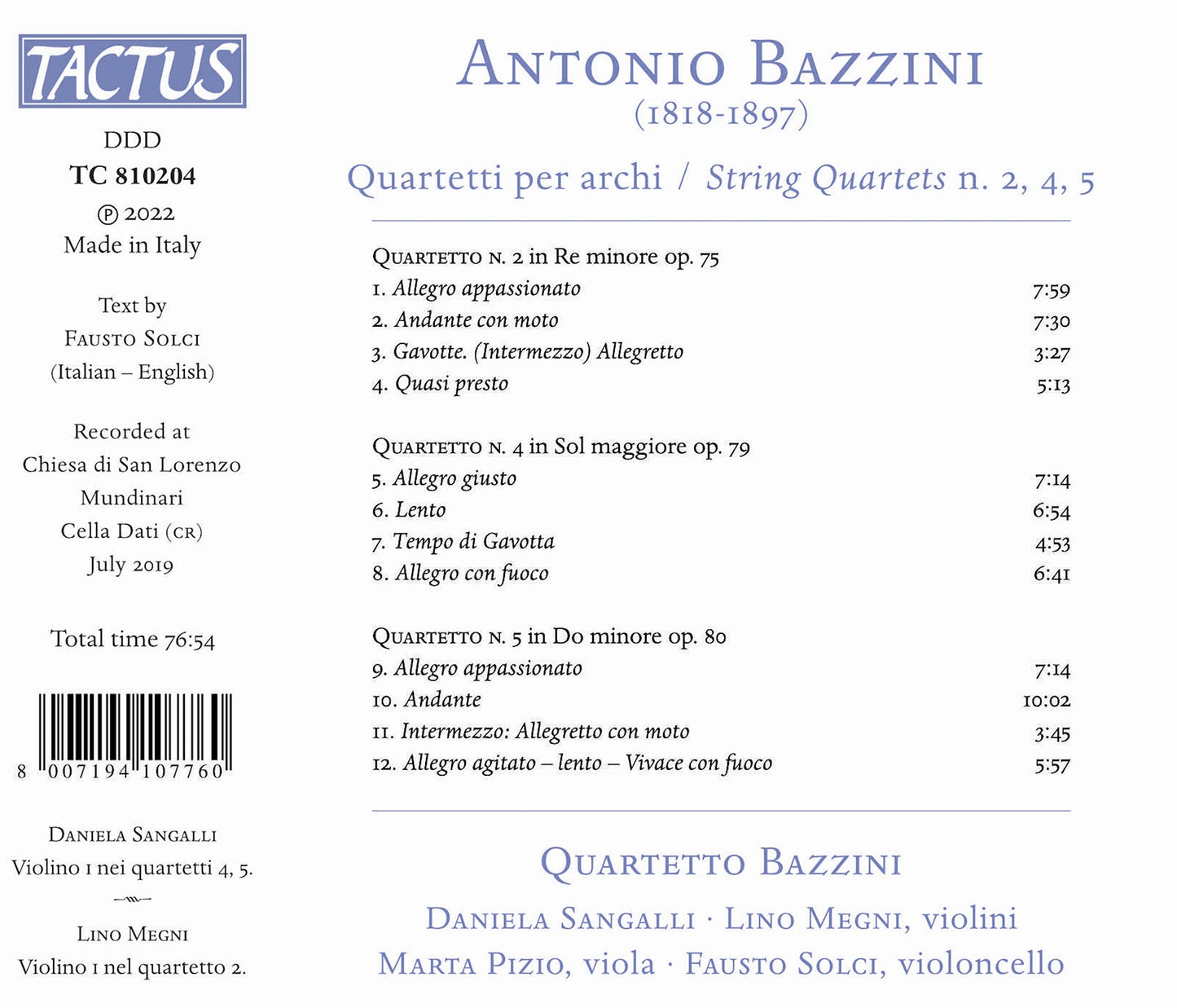 Bazzini: String Quartets Nos. 2, 4, & 5