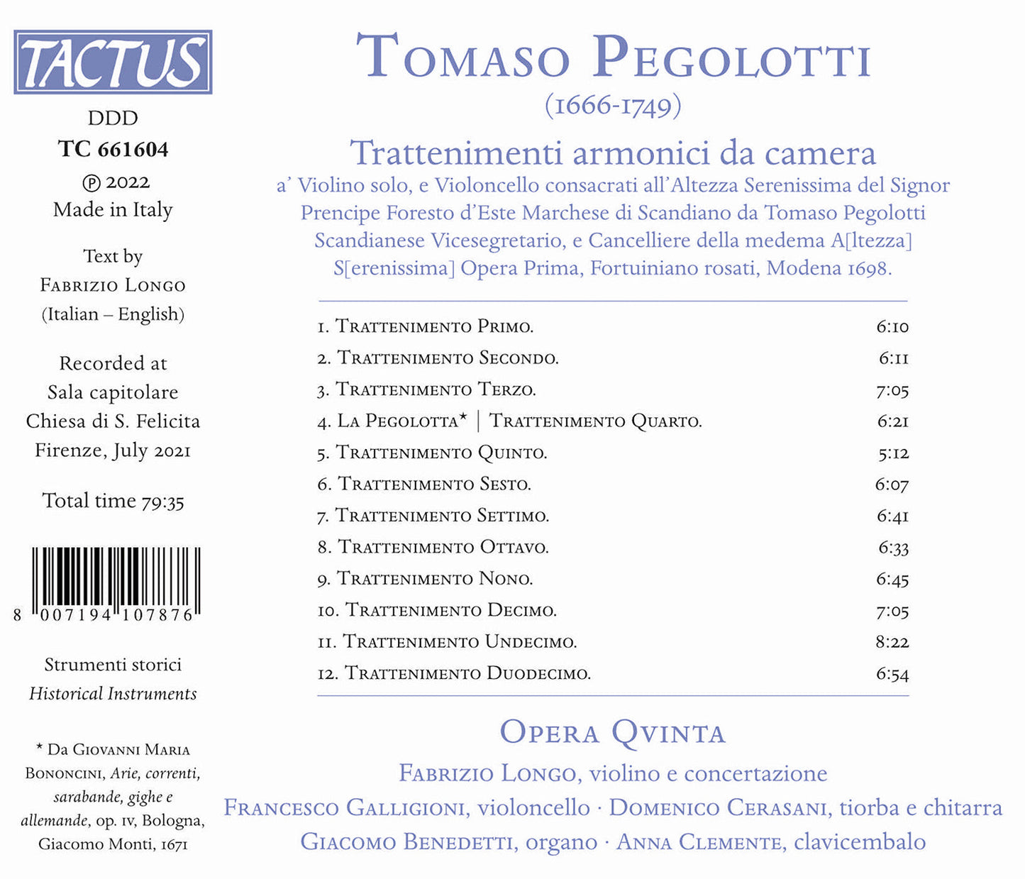 Pegolotti: Trattenimenti Armonici Da Camera